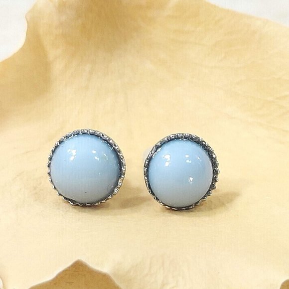 Silver Round Stud Earrings Blue Stone Vintage Jewelry Jewel Trinket Gift for Her - Picture 4 of 11